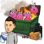 bitmoji of a guy in front of a fake dumpster with a flaming "2020" coming out of it