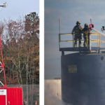 side by side of an outside FR system, next to firefighters on top of a big tank with a hose