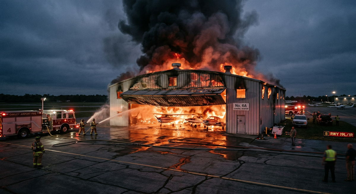 A small aircraft hangar is on fire and being sprayed with water by firefighters.