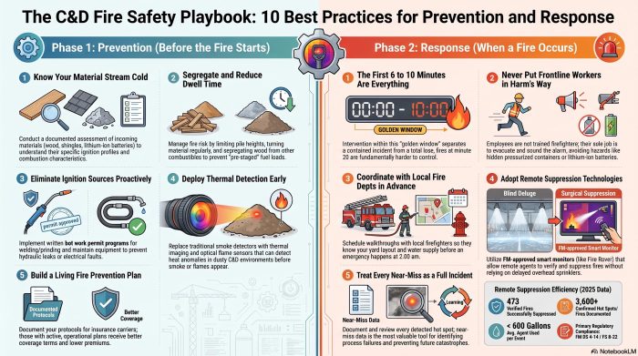 Infographic showing 10 construction and demolition (C&D) fire safety best practices for preventing fires, early thermal detection, emergency response, and remote fire suppression.