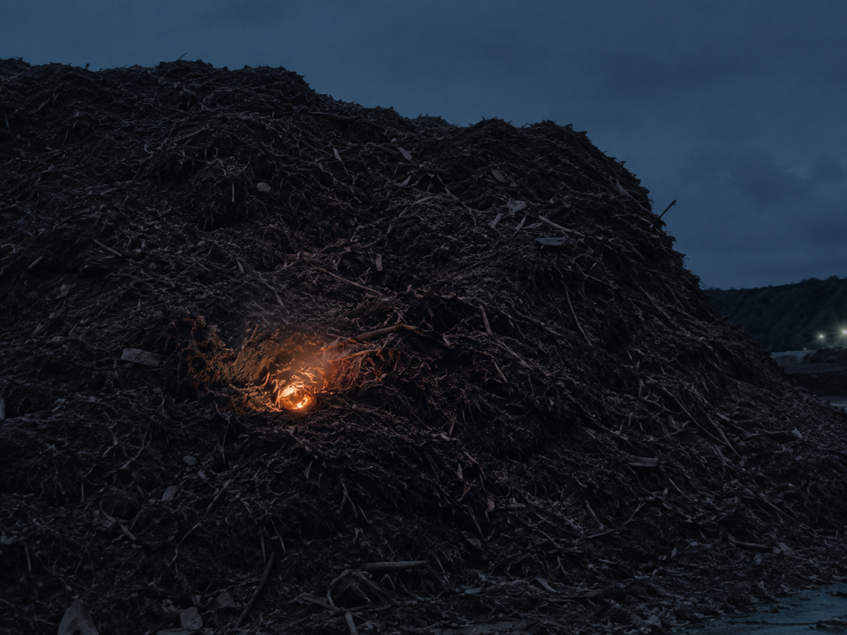 Biomass pile after dark, unmonitored subsurface hotspot becoming larger.