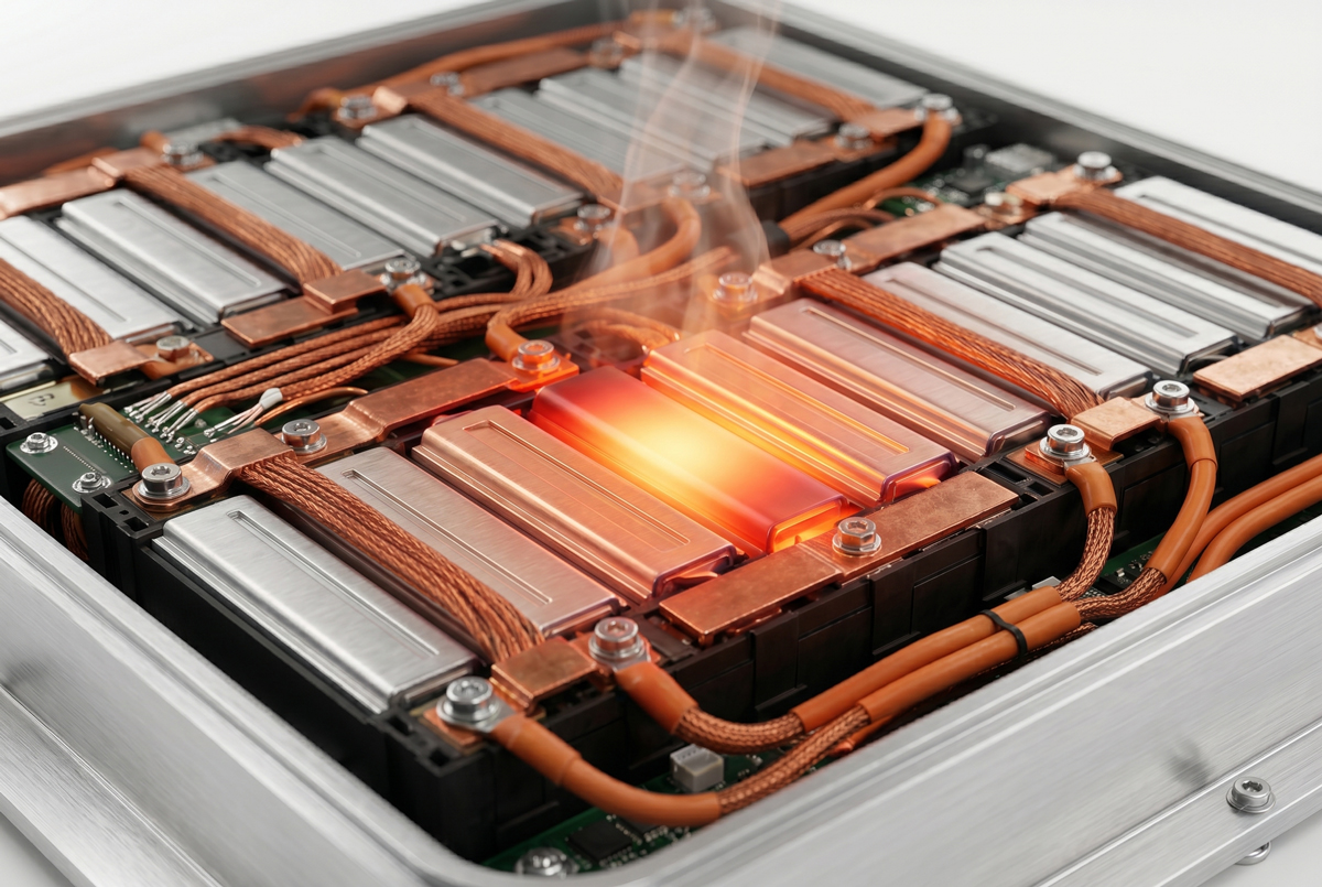 An electric vehicle battery with one of the cells burning too hot.