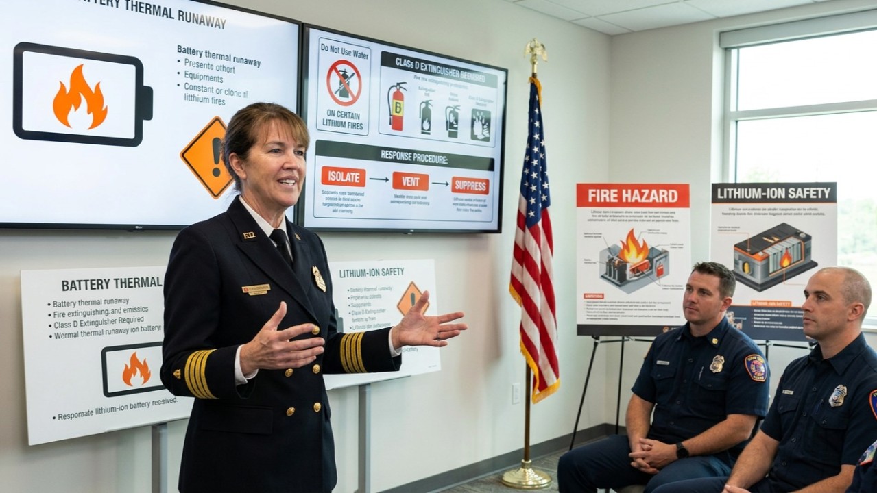 Fire chief presents lithium-ion battery thermal runaway and fire response procedures to firefighters during a safety training session.