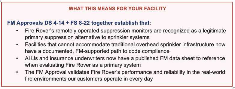 No use without express permission from Ryan Fogelman, rfogelman@firerover.com FM Approvals DS 4-14 and FS 8-22 recognize Fire Rover’s remotely operated suppression monitors as a primary sprinkler alternative, providing an FM-supported path to code compliance and validating system performance and reliability.