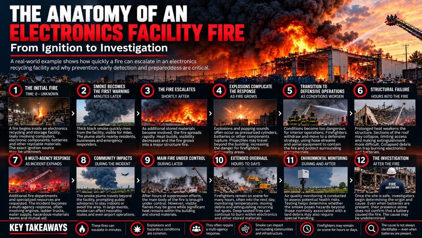 Steps to the anatomy of an electronics facility fire.